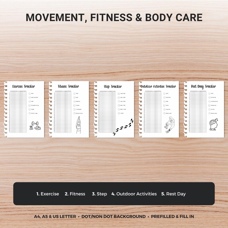 May include: Five white spiral-bound fitness trackers with black text and illustrations. The trackers cover exercise, fitness, steps, outdoor activities, and rest days. The text "MOVEMENT, FITNESS & BODY CARE" is at the top. Metric measurements are used.