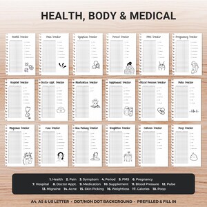 May include: A set of printable health trackers, such as symptom, period, and pregnancy trackers. Each tracker has a grid for recording data and is labelled with a health-related topic. The text "HEALTH, BODY & MEDICAL" is at the top of the image.