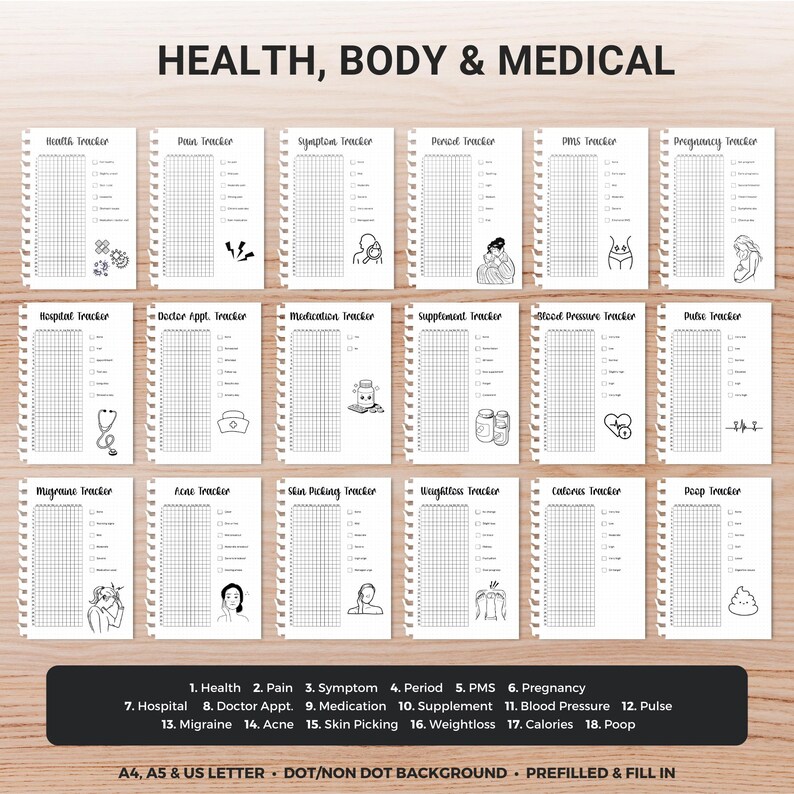 May include: A set of printable health trackers, such as symptom, period, and pregnancy trackers. Each tracker has a grid for recording data and is labelled with a health-related topic. The text "HEALTH, BODY & MEDICAL" is at the top of the image.