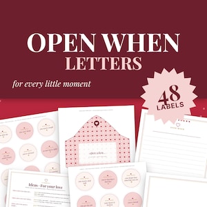 May include: A digital printable set of Open When letters featuring 48 labels, envelope templates, and stationery sheets. The design uses a maroon and light pink color palette with heart motifs and text including Open When Letters.