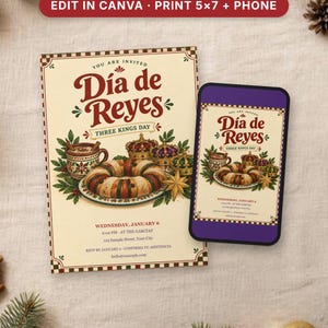 Może przedstawiać: Prostokątne zaproszenie oraz smartfon z projektem na wydarzenie Día de Reyes Three Kings Day. Kremowy papier zawiera ilustrację ciasta królewskiego, koron oraz tekst Wednesday, January 6.