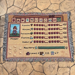 Manta de Stardew Valley con estadísticas máximas, manta tejida para gamers, regalo para gamers, tapiz para decoración cottagecore, manta para colgar en la pared, regalo para ella