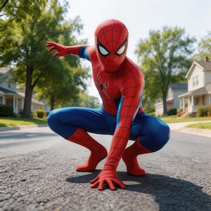 以下が含まれることがあります： 舗装された道路でしゃがんでいるスパイダーマンのコスチュームを着た人。コスチュームは赤と青で、胸にクモのエンブレムが付いています。マスクには白いレンズが付いています。その人はスーパーヒーローのポーズをとっています。