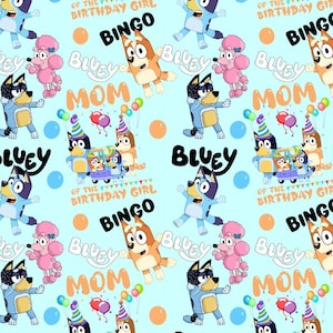 Funny Bluey Family Birthday Pattern Fabric,Bluey With Bingo Pattern Cotton Fabric,Buy by Half Yard