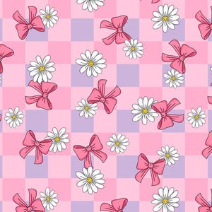 Pink mesh bow and daisies Pattern Fabric,Pink Bow Cartoon Pattern Cotton Fabric,Buy by Half Yard