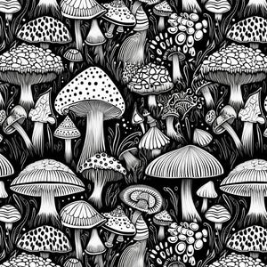 Black And White Mushroom  Pattern Fabric,Retro Mushroom Pattern Cotton Fabric,Buy by Half Yard