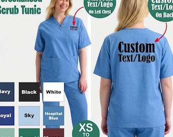 Op maat bedrukte unisex scrubtuniek, tekstlogo, gepersonaliseerde bedrukte verpleegsterskleding, werkkledinguniform