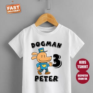 Dog Man Kids T-Shirt, Personalised Name And Year kids Tee Shirt, Funny Cartoon Hero Tee, Comic Character Gift Shirt for Boys & Girls