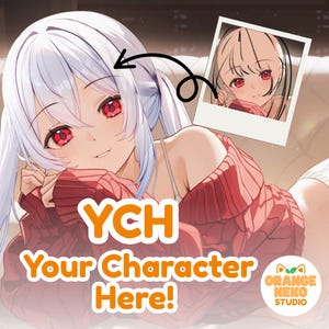 May include: Anime-style illustration of a character with white hair and red eyes, wearing a red sweater. A small photo of a similar character is in the upper right. Text reads "YCH Your Character Here!" with the Orange Neko Studio logo.