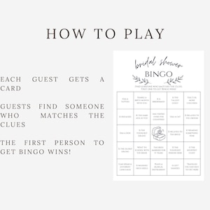 May include: Bridal shower bingo game with a grid of clues and instructions. The game includes a bingo card with phrases like "Has a tattoo" and "Is the tallest guest." The instructions explain how to play the game.
