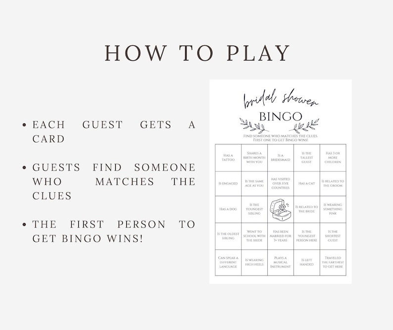 May include: Bridal shower bingo game with a grid of clues and instructions. The game includes a bingo card with phrases like "Has a tattoo" and "Is the tallest guest." The instructions explain how to play the game.
