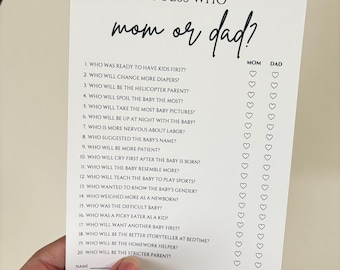 Guess Who: Mom or Dad?, Baby Shower Game, Printed Card
