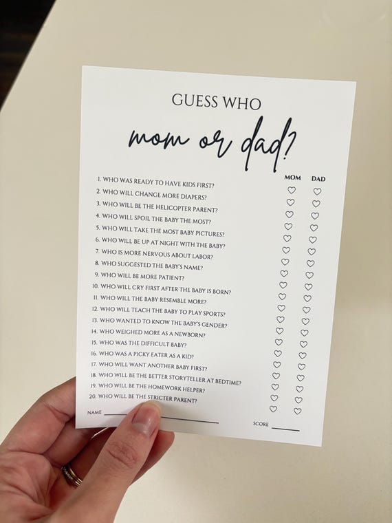 Guess Who: Mom or Dad?, Baby Shower Game, Printed Card