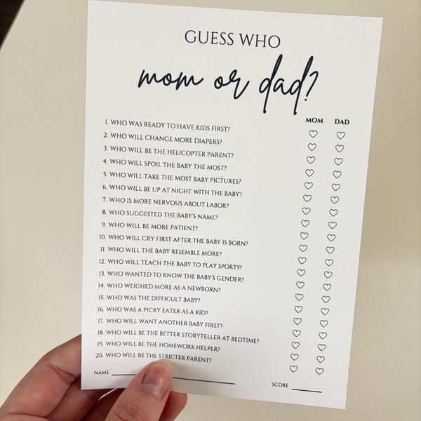 Guess Who: Mom or Dad?, Baby Shower Game, Printed Card