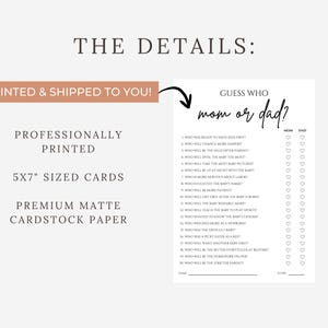 K&ouml;nnte beinhalten: Eine wei&szlig;e Babyparty-Spielkarte mit dem Text "Wer ist es, Mama oder Papa?" und einer Liste von Fragen. Die Karte ist professionell auf hochwertigem, mattem Kartonpapier gedruckt und misst 12,7 x 17,8 cm.
