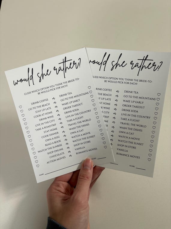 Would She Rather: Bridal Shower Game, Printed Cards