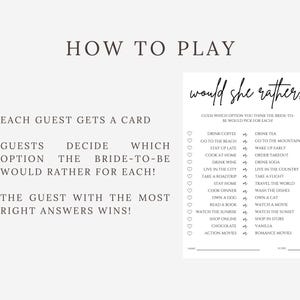 May include: A printable bridal shower game card titled "Would She Rather?" with a list of options for guests to choose from. The card includes instructions: "Each guest gets a card. Guests decide which option the bride-to-be would rather for each! The guest with the most right answers wins!"
