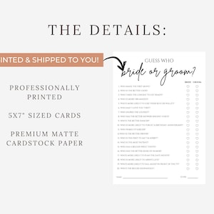 Guess Who: Bride or Groom? Bridal Shower Game, Printed Card image 2