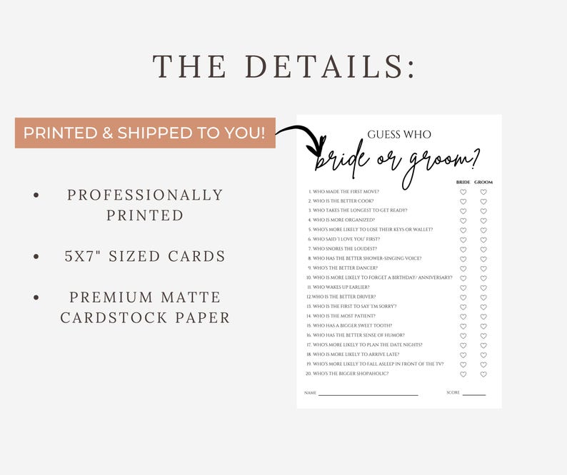 Guess Who: Bride or Groom? Bridal Shower Game, Printed Card image 2