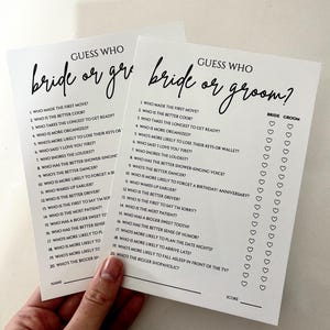 Guess Who: Bride or Groom? Bridal Shower Game, Printed Card image 1