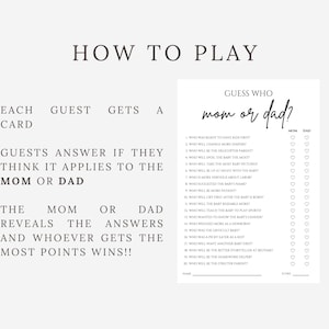 K&ouml;nnte beinhalten: Eine druckbare Babyparty-Spielkarte mit dem Titel "Wer ist Mama oder Papa?" mit einer Liste von Fragen, um zu bestimmen, wer bestimmte Elternaufgaben ausf&uuml;hren wird. Die Karte enth&auml;lt Felder f&uuml;r die Antworten der G&auml;ste und einen Abschnitt f&uuml;r die Punktzahl.