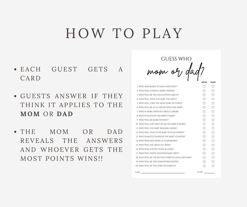 K&ouml;nnte beinhalten: Eine druckbare Babyparty-Spielkarte mit dem Titel "Wer ist Mama oder Papa?" mit einer Liste von Fragen, um zu bestimmen, wer bestimmte Elternaufgaben ausf&uuml;hren wird. Die Karte enth&auml;lt Felder f&uuml;r die Antworten der G&auml;ste und einen Abschnitt f&uuml;r die Punktzahl.