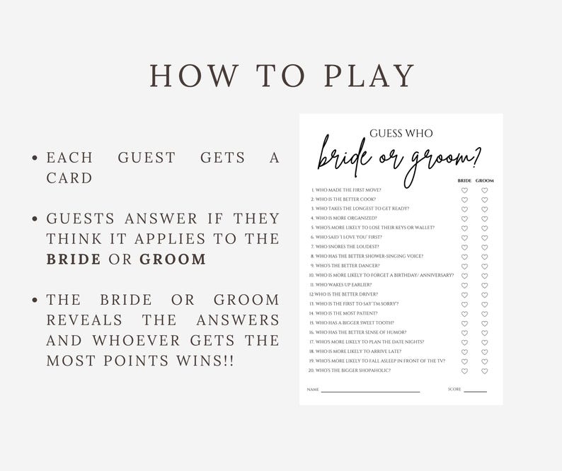 Guess Who: Bride or Groom? Bridal Shower Game, Printed Card image 3