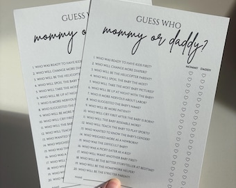 Guess Who: Mama oder Papa?, Babypartyspiel, gedruckte Karte