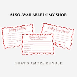 May include: Three red-bordered cards with scalloped edges for wedding activities. The cards include prompts for wedding predictions, advice and wishes, and song requests. The text "THAT'S AMORE BUNDLE" is at the bottom.