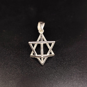 May include: A silver pendant featuring a Star of David design. The pendant has a geometric, openwork construction with a loop at the top for a chain. The pendant is displayed against a dark background.