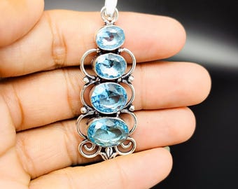 Vertical Blue Topaz Pendant: Sterling Silver December Birthstone Necklace