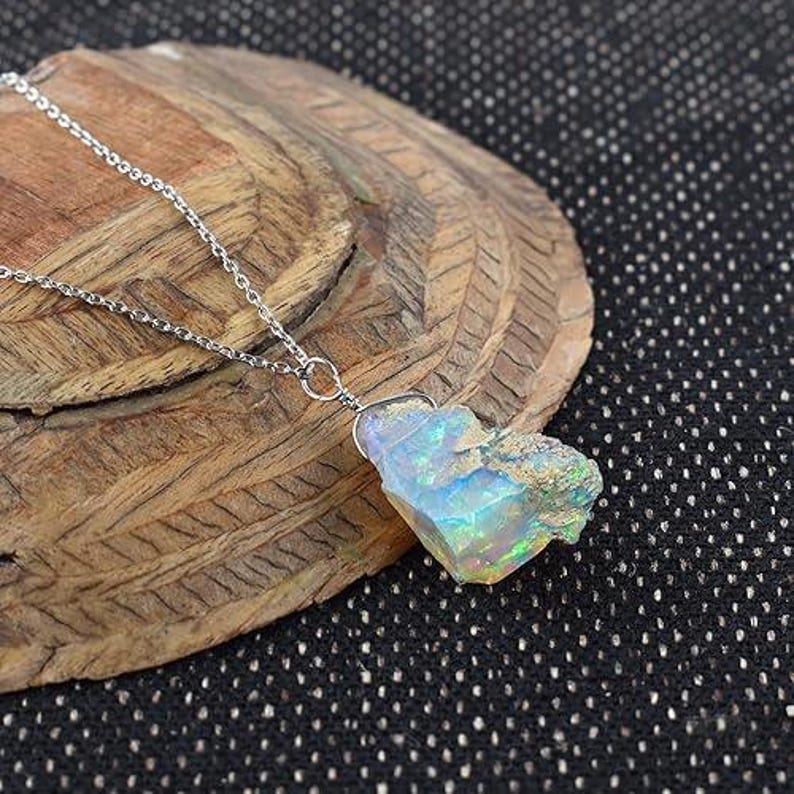 Natural Rough Opal Pendant Necklace, Raw Opal Crystal Jewelry, Uncut Untreated Opal Stone, Handmade Silver Chain, Chain Free, Gift for her image 4