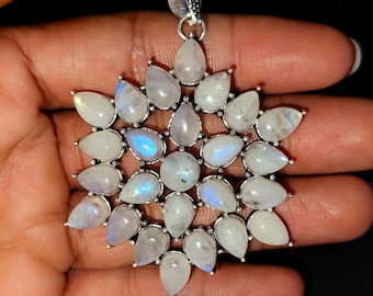 Natural Rainbow Moonstone Pendant, 925 Sterling Silver Pendant, Healing Crystal Jewelry, Boho Statement, Gift for Her