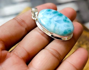 Natural Larimar Pendant, Healing Crystal Jewelry, Oval Blue Larimar Necklace, 925 Sterling Silver Pendant, Spiritual Gemstone Jewelry Gift