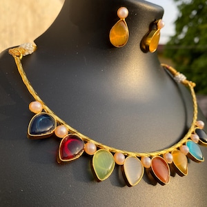 Navratan Gemstone Pendant Necklace Set: Ethnic Gold Jewelry with Pearl Earrings