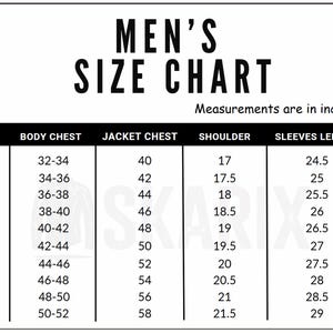 May include: A black and white size chart for jackets, with measurements in inches. The chart includes sizes from 2XS to 5XL, detailing body chest, jacket chest, shoulder, and sleeve length measurements. The text "MEN'S SIZE CHART" is at the top.