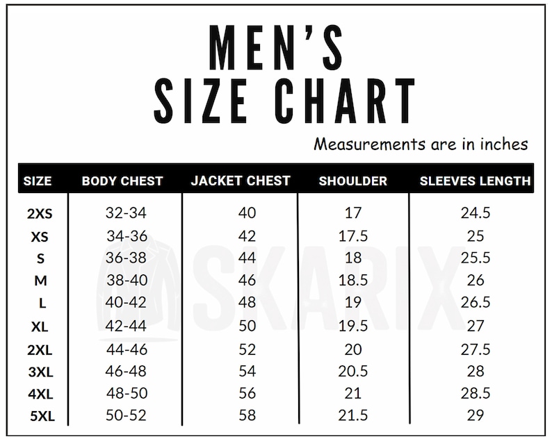 May include: A black and white size chart for jackets, with measurements in inches. The chart includes sizes from 2XS to 5XL, detailing body chest, jacket chest, shoulder, and sleeve length measurements. The text "MEN'S SIZE CHART" is at the top.