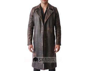Men’s Vintage Distressed Brown Leather Trench Coat – Overcoat Style Coat