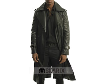 Men's Black Real Leather Trench Coat – Stylish Long Overcoat for Winter