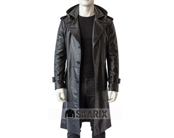 Men's Black Leather Trench Coat - Leather Gothic Long Jacket with Hood
