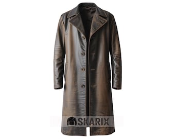 Men's Vintage Style Brown Distressed Real Leather Long Trench Coat