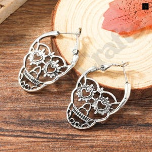Gothic Skull Stud Earrings: Silver Punk Skeleton Huggie Hoops