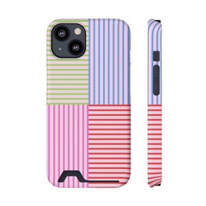 Capa de celular listrada colorida com porta-cartões, proteção estilosa para celular, presente divertido para amantes de tecnologia, itens essenciais para as festas, acessório chique