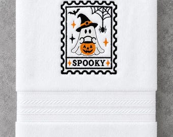 Toalha bordada com fantasma assustador | Toalha de mão de Halloween | Decoração fofa de fantasma e abóbora | Temporada assustadora | Presente de Halloween