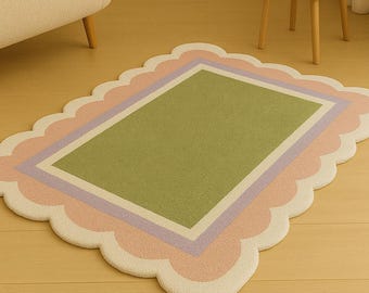 Hand Tufted Scallop Rug – Sage Green & Blush | Modern Abstract Area Rug | Custom Shape Carpe