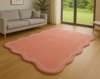 Handmade Blush Pink Scalloped Wool Rug – Soft & Elegant Wavy Edge Carpet for Living Room