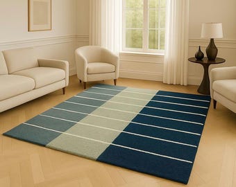 Handmade Wool Area Rug: Modern Blue Geometric Stripe Design