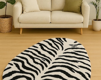 Hand-Tufted Zebra Print Wool Rug: Black and White Oval Carpet