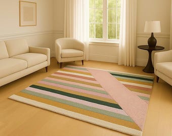 Handmade Wool Striped Area Rug: Modern Geometric Pastel Design