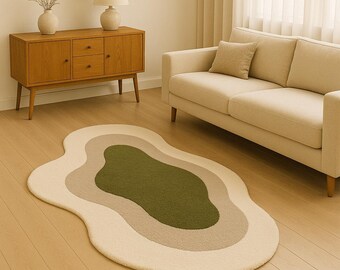 Hand-Tufted Wool Area Rug: Green Beige Abstract Modern Carpet